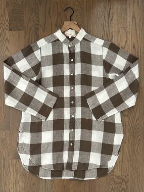 South Street Linen Band Collar Check 100% Linen Shirt Brown and White P / Small
